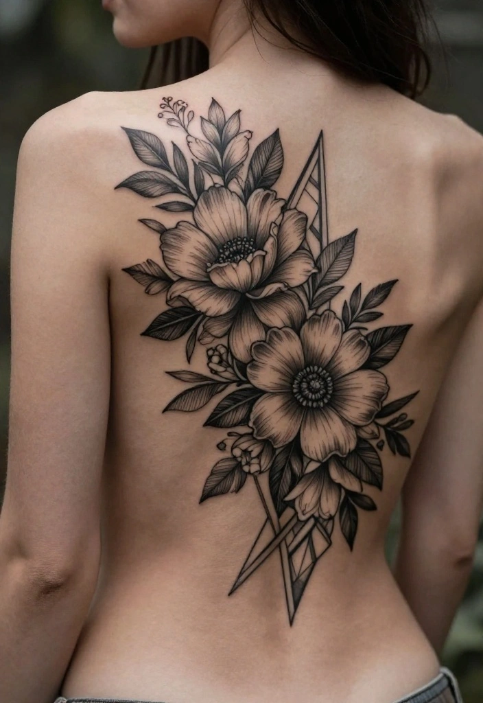 17 Spinal Tattoo Women Flower Ideas With Elegant Flow - 4. Geometric Floral Patterns 1