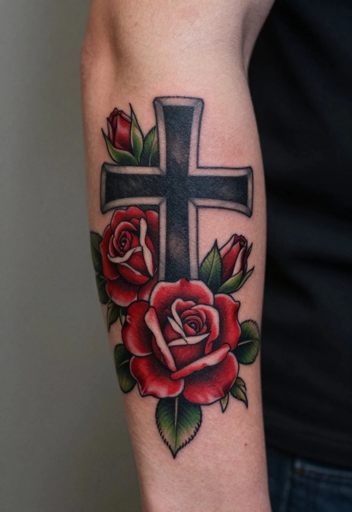18 Cross and Roses Tattoo for Men Ideas With Strong Meaning - 1. The Classic Cross with Red Roses 1