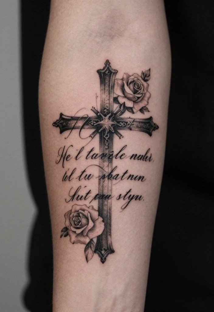 18 Cross and Roses Tattoo for Men Ideas With Strong Meaning - 10. Cross with Scripted Quotes 1
