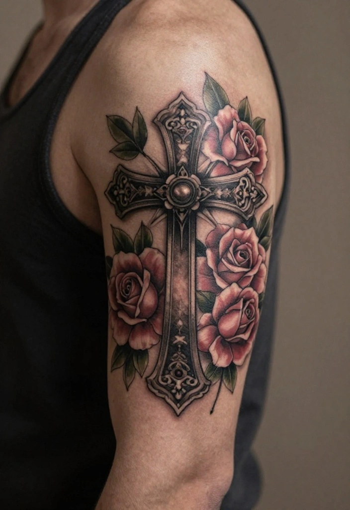 18 Cross and Roses Tattoo for Men Ideas With Strong Meaning - 11. Vintage Cross with Roses 1
