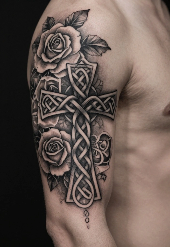 18 Cross and Roses Tattoo for Men Ideas With Strong Meaning - 12. Cross with Celtic Knots and Roses 1