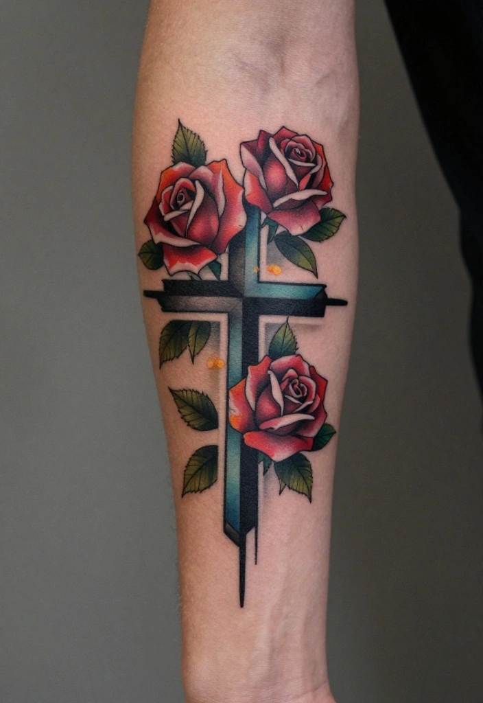 18 Cross and Roses Tattoo for Men Ideas With Strong Meaning - 13. Cross with Geometric Roses 1