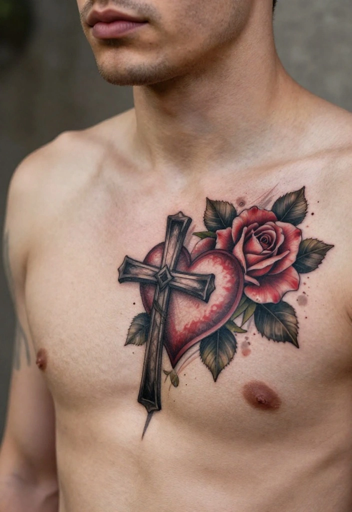 18 Cross and Roses Tattoo for Men Ideas With Strong Meaning - 14. Cross with a Heart and Roses 1