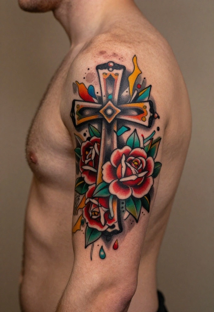 18 Cross and Roses Tattoo for Men Ideas With Strong Meaning - 15. Cross and Roses with Abstract Elements 1