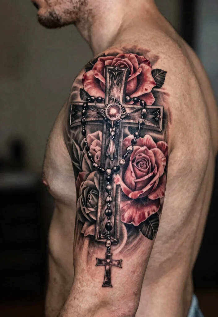 18 Cross and Roses Tattoo for Men Ideas With Strong Meaning - 16. Cross with a Rosary and Roses 1