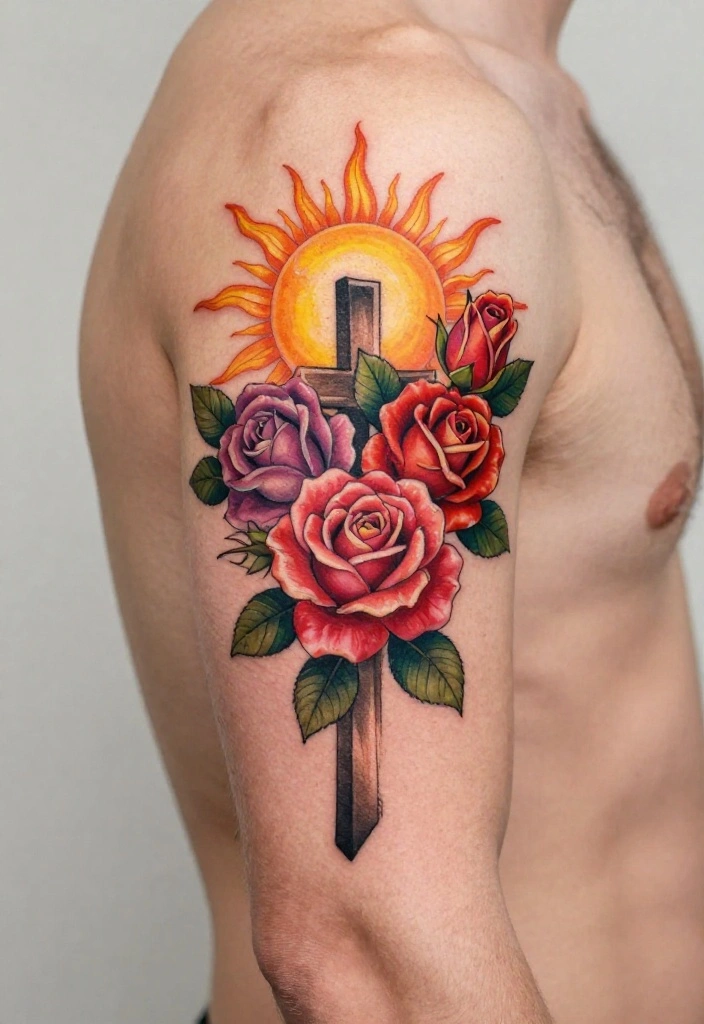 18 Cross and Roses Tattoo for Men Ideas With Strong Meaning - 17. Cross with Sun and Roses 1