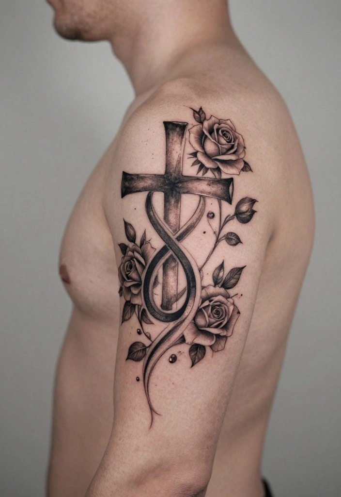 18 Cross and Roses Tattoo for Men Ideas With Strong Meaning - 18. Cross with Infinity Symbol and Roses 1