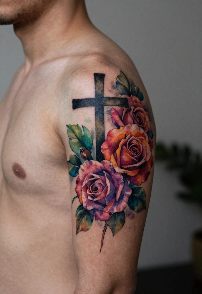 18 Cross and Roses Tattoo for Men Ideas With Strong Meaning - 2. Watercolor Cross and Rose Fusion 1