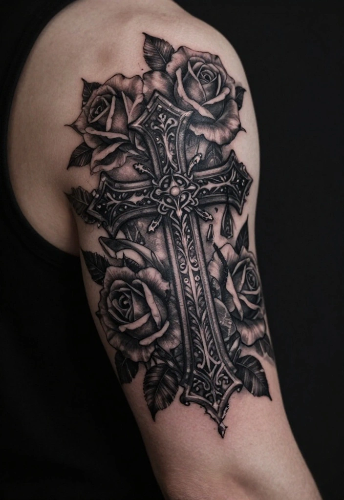 18 Cross and Roses Tattoo for Men Ideas With Strong Meaning - 3. Gothic Styled Cross with Black Roses 1