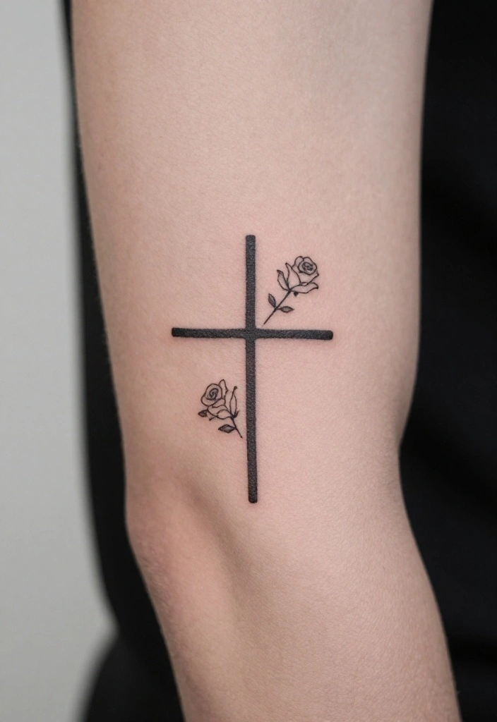18 Cross and Roses Tattoo for Men Ideas With Strong Meaning - 4. Minimalist Cross with Simple Roses 1