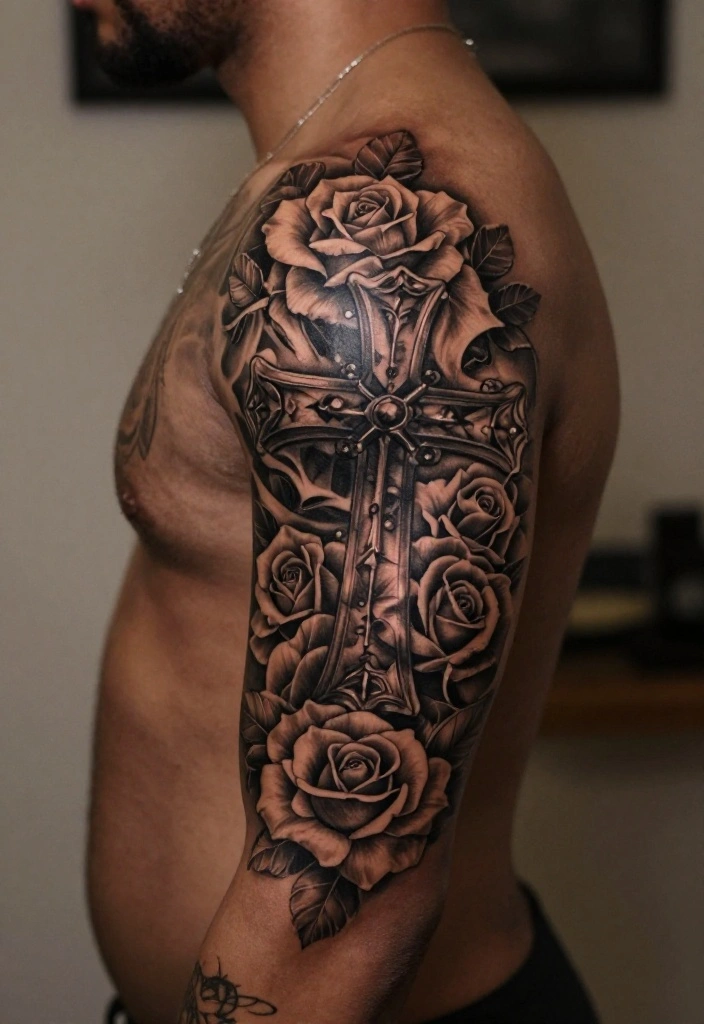 18 Cross and Roses Tattoo for Men Ideas With Strong Meaning - 5. Half-Sleeve Cross and Rose Design 1