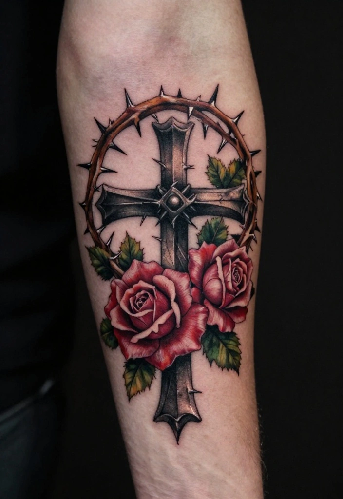 18 Cross and Roses Tattoo for Men Ideas With Strong Meaning - 6. Cross with Thorny Roses 1