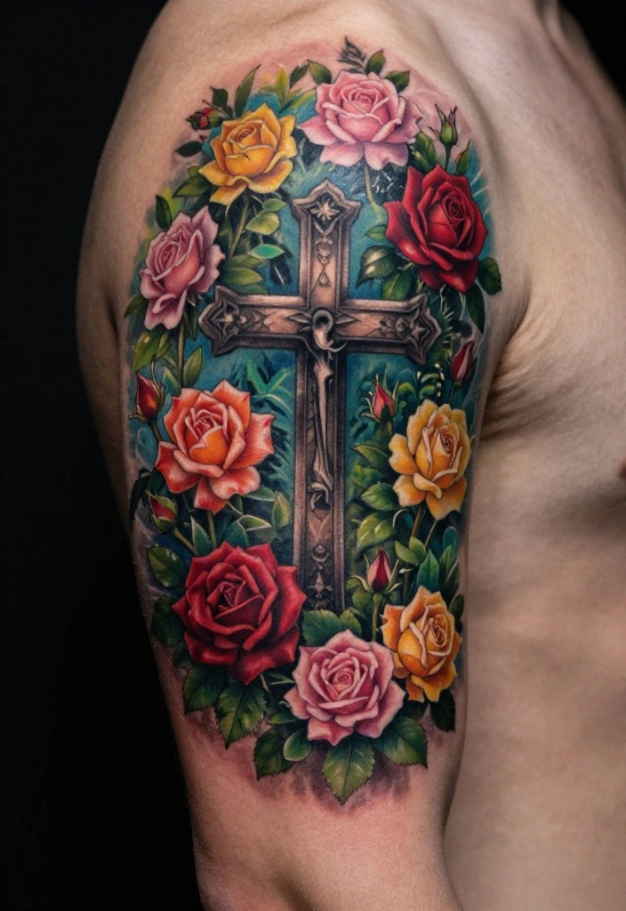 18 Cross and Roses Tattoo for Men Ideas With Strong Meaning - 7. Cross Set Against a Rose Garden 1