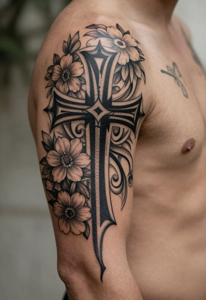 18 Cross and Roses Tattoo for Men Ideas With Strong Meaning - 8. Tribal Cross with Floral Accents 1