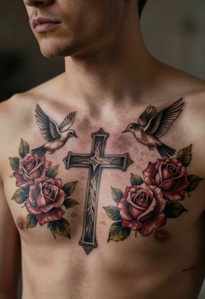 18 Cross and Roses Tattoo for Men Ideas With Strong Meaning - 9. Cross with Doves and Roses 1