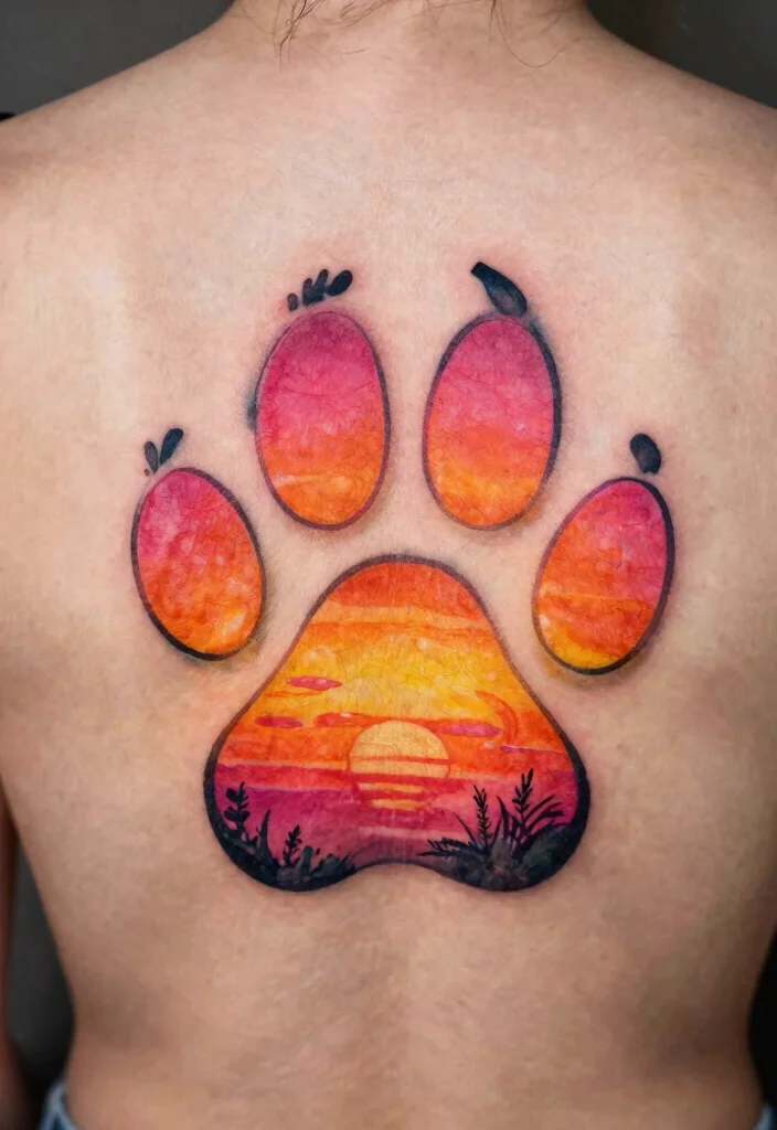 18 Dog Paw Print Tattoo Ideas With Loyal Meaning - 13. Paw Print and Sunset 1