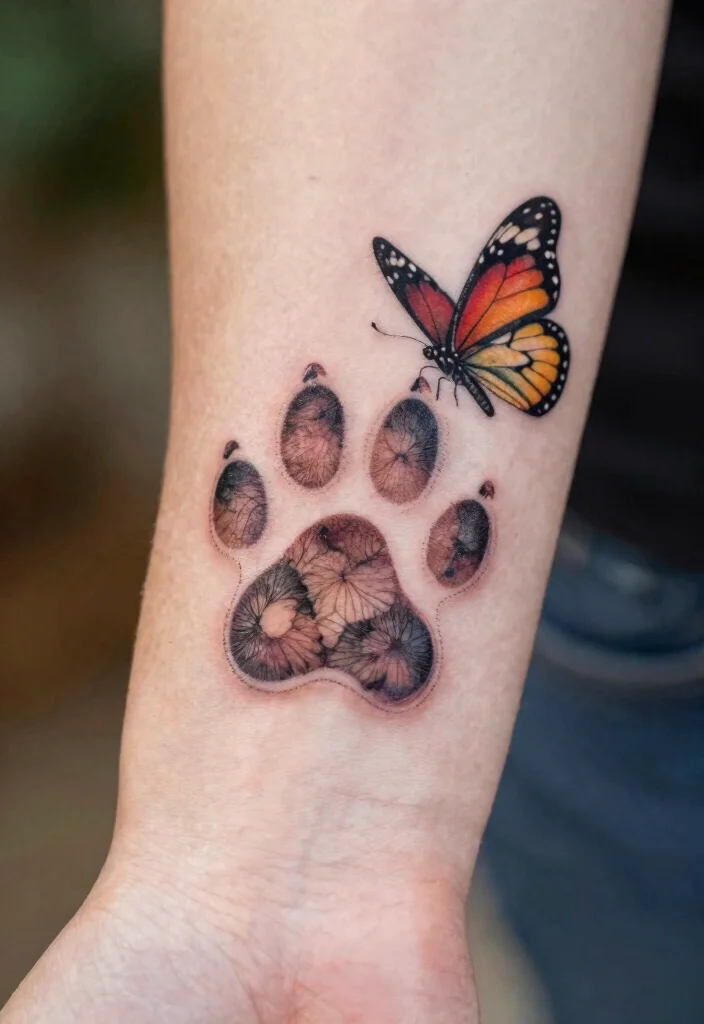 18 Dog Paw Print Tattoo Ideas With Loyal Meaning - 15. Paw Print and Butterfly 1