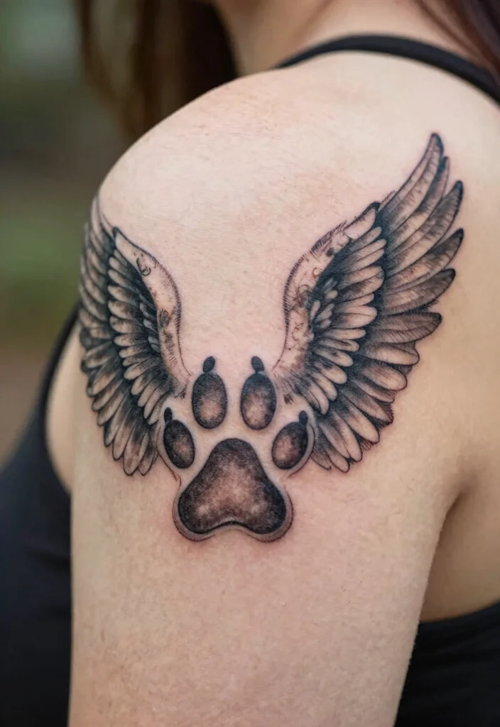 18 Dog Paw Print Tattoo Ideas With Loyal Meaning - 7. Paw Print with Angel Wings 1