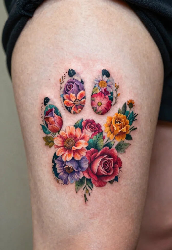 18 Dog Paw Print Tattoo Ideas With Loyal Meaning - 8. Floral Paw Print 1