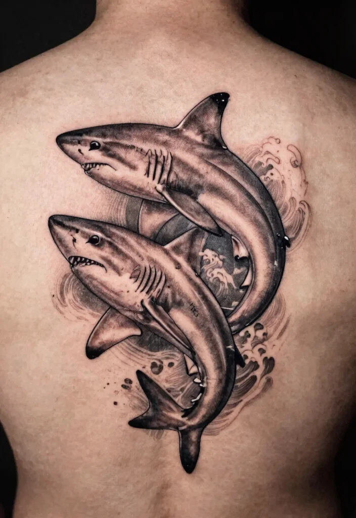 18 Fine Line Shark Tattoo Ideas With Minimal Precision - 10. Pair of Sharks Design 1