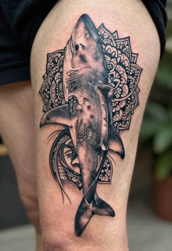 18 Fine Line Shark Tattoo Ideas With Minimal Precision - 13. Shark Mandala Tattoo 1