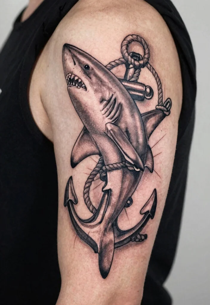18 Fine Line Shark Tattoo Ideas With Minimal Precision - 14. Shark with Nautical Elements 1