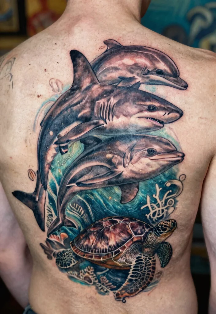 18 Fine Line Shark Tattoo Ideas With Minimal Precision - 15. Shark and Sea Creature Combo 1
