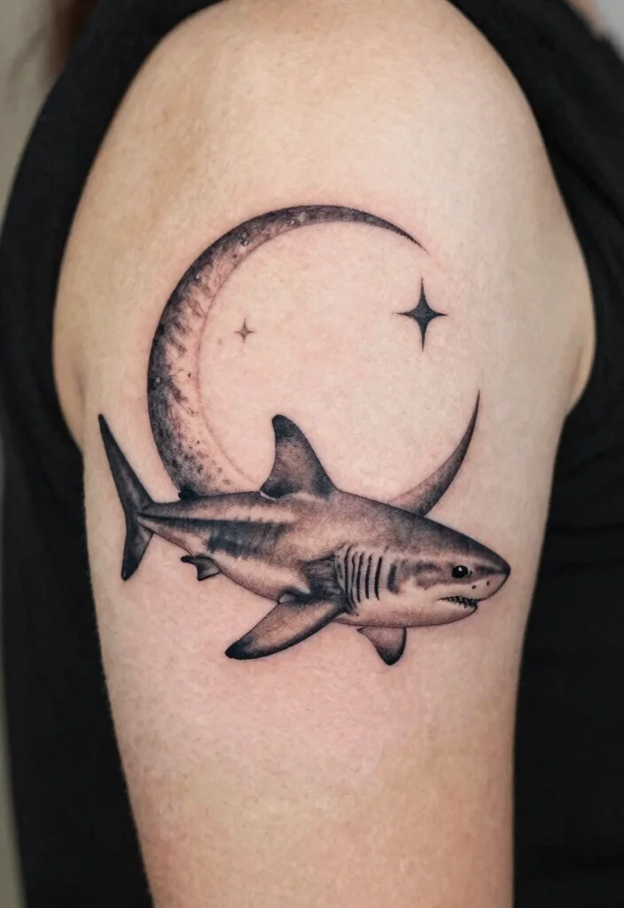 18 Fine Line Shark Tattoo Ideas With Minimal Precision - 16. Shark and Moon Design 1
