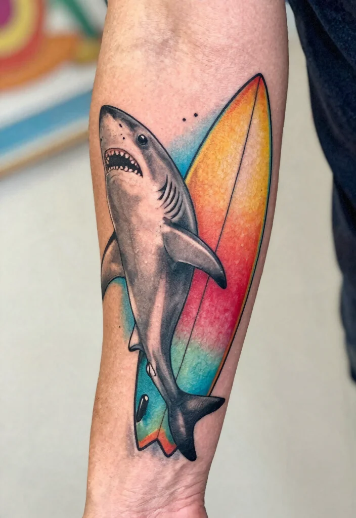 18 Fine Line Shark Tattoo Ideas With Minimal Precision - 18. Shark and Surfboard Tattoo 1