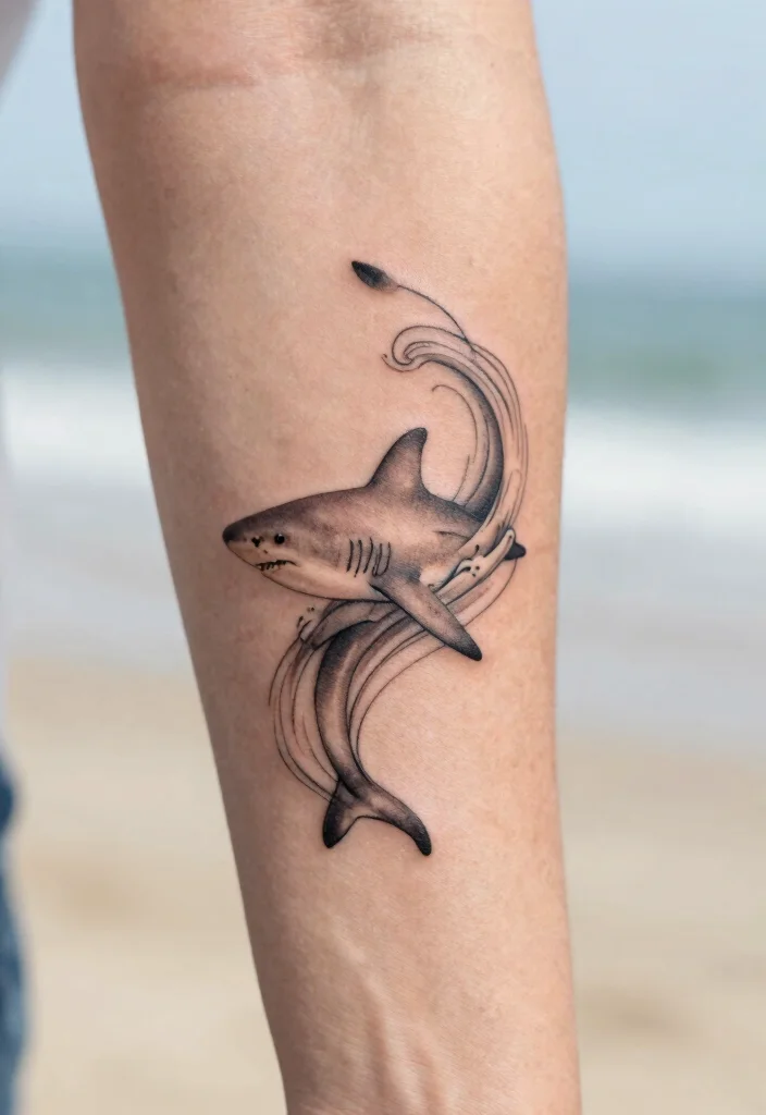18 Fine Line Shark Tattoo Ideas With Minimal Precision - 3. Minimal Shark with Ocean Waves 1