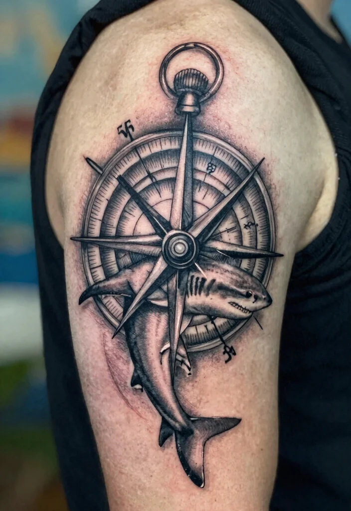 18 Fine Line Shark Tattoo Ideas With Minimal Precision - 5. Shark and Compass Infusion 1