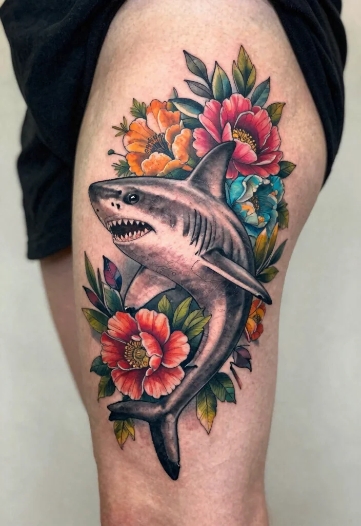 18 Fine Line Shark Tattoo Ideas With Minimal Precision - 7. Shark with Floral Elements 1