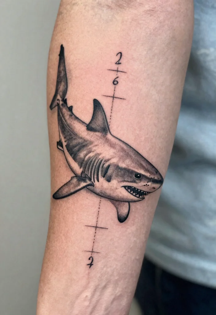 18 Fine Line Shark Tattoo Ideas With Minimal Precision - 9. Shark with Coordinates 1