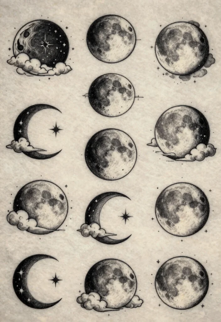 18 Friday the 13th Tattoo Flash Sheet Ideas With Spooky Vibes 30 18 Friday the 13th Tattoo Flash Sheet Ideas With Spooky Vibes - 10. Sinister Moon Phases 1