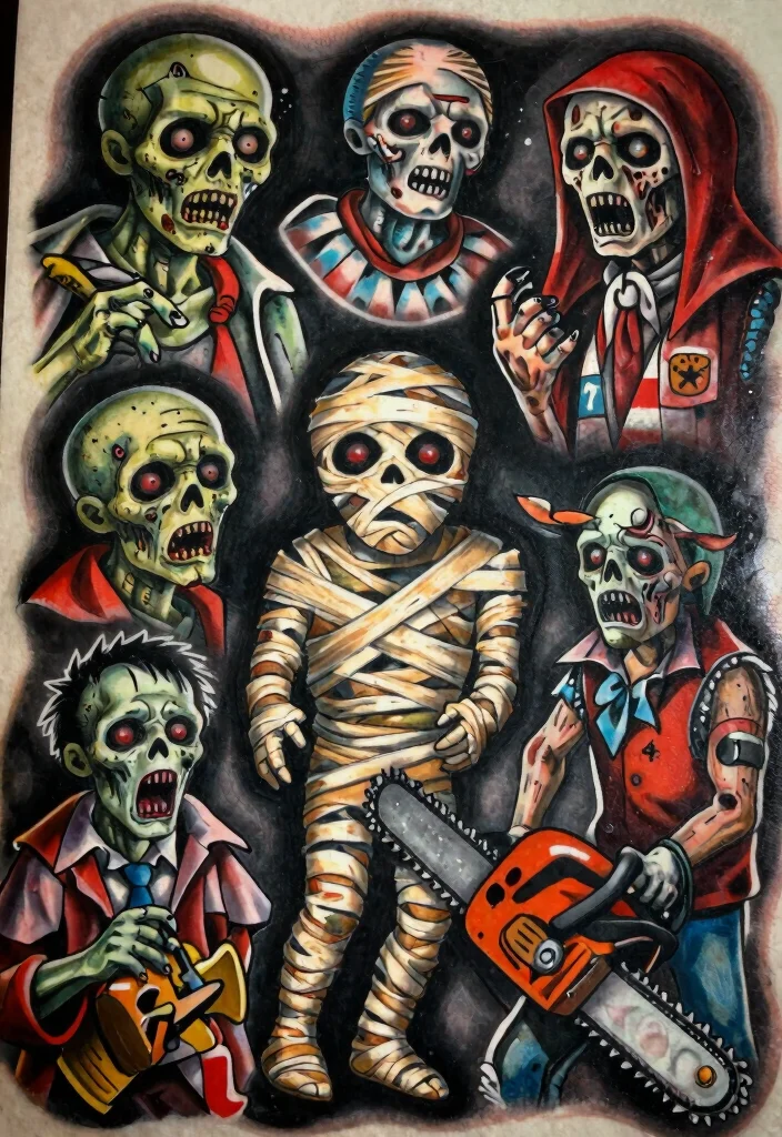 18 Friday the 13th Tattoo Flash Sheet Ideas With Spooky Vibes 31 18 Friday the 13th Tattoo Flash Sheet Ideas With Spooky Vibes - 11. Gruesome Horror Icons 1