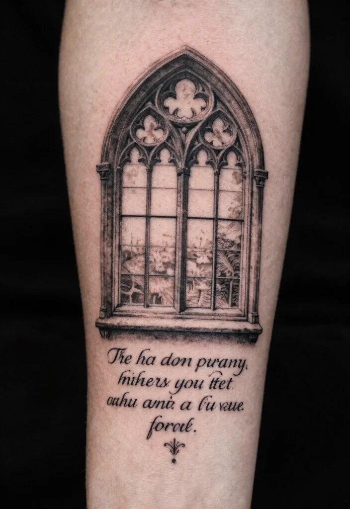 18 Gothic Windows Tattoo Ideas With Dark Romantic Vibes 32 18 Gothic Windows Tattoo Ideas With Dark Romantic Vibes - 12. Gothic Window with Inscription 1