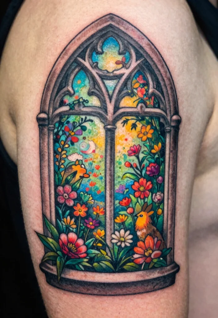18 Gothic Windows Tattoo Ideas With Dark Romantic Vibes 33 18 Gothic Windows Tattoo Ideas With Dark Romantic Vibes - 13. The Secret Garden View 1