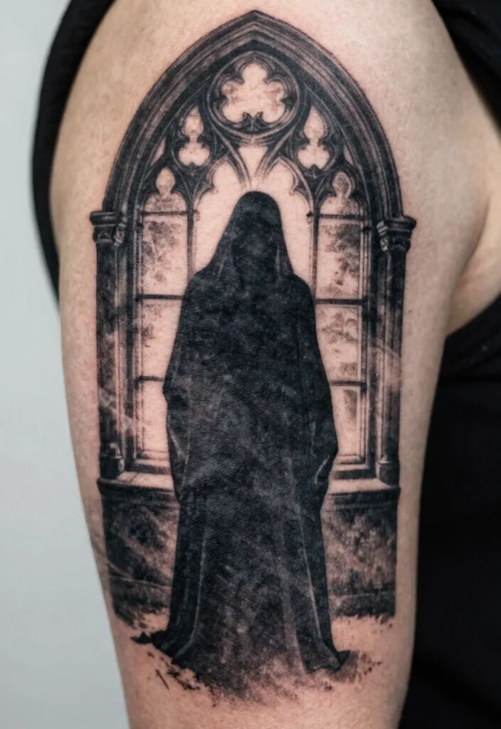 18 Gothic Windows Tattoo Ideas With Dark Romantic Vibes 44 18 Gothic Windows Tattoo Ideas With Dark Romantic Vibes - 14. The Shadowed Figure 1