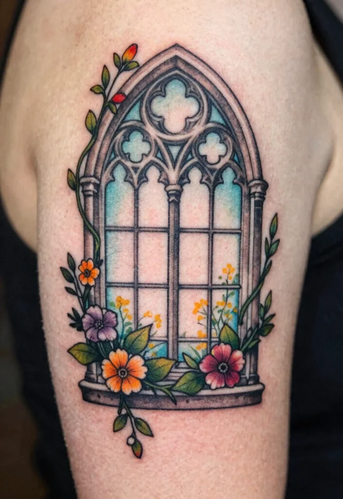 18 Gothic Windows Tattoo Ideas With Dark Romantic Vibes 55 18 Gothic Windows Tattoo Ideas With Dark Romantic Vibes - 15. Gothic and Nature Fusion 1