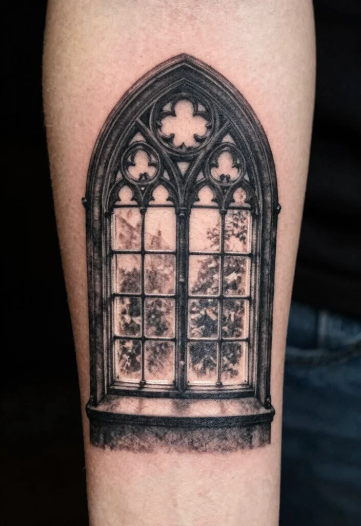 18 Gothic Windows Tattoo Ideas With Dark Romantic Vibes 68 18 Gothic Windows Tattoo Ideas With Dark Romantic Vibes - 18. Gothic Window Reflection 1