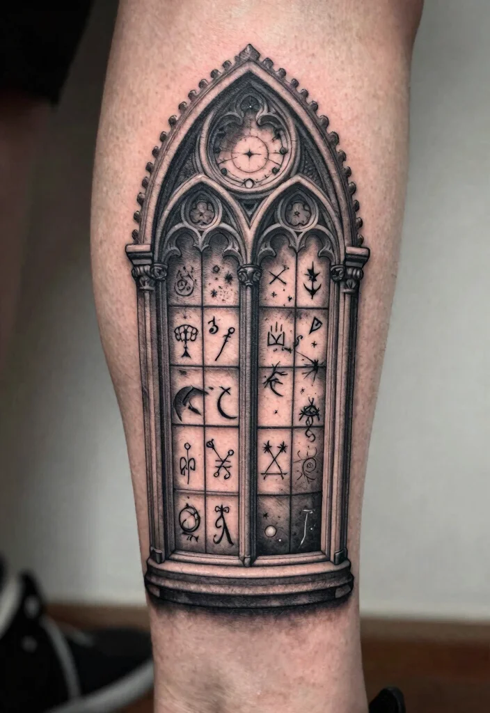 18 Gothic Windows Tattoo Ideas With Dark Romantic Vibes 15 18 Gothic Windows Tattoo Ideas With Dark Romantic Vibes - 5. Gothic Frame with Hidden Symbols 1