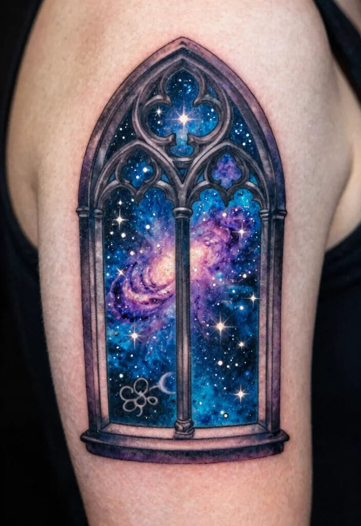 18 Gothic Windows Tattoo Ideas With Dark Romantic Vibes 27 18 Gothic Windows Tattoo Ideas With Dark Romantic Vibes - 7. Glittering Night Sky through the Window 1
