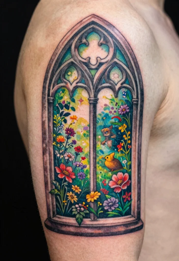 18 Gothic Windows Tattoo Ideas With Dark Romantic Vibes 29 18 Gothic Windows Tattoo Ideas With Dark Romantic Vibes - 9. The Enchanted Gothic Garden 1