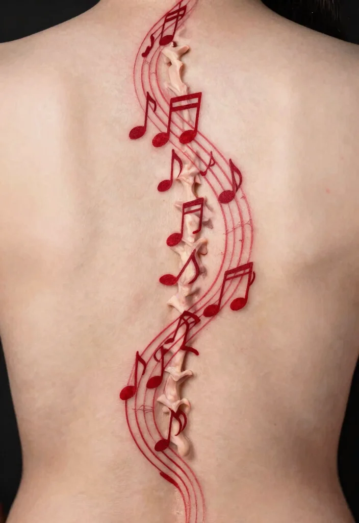 18 Red Spine Tattoo Ideas That Make a Dramatic Statement 53 18 Red Spine Tattoo Ideas That Make a Dramatic Statement - 13. Music Notes 1