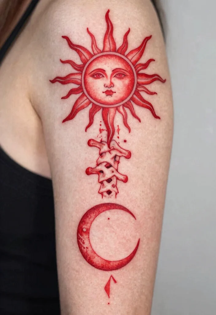 18 Red Spine Tattoo Ideas That Make a Dramatic Statement 65 18 Red Spine Tattoo Ideas That Make a Dramatic Statement - 15. Sun and Moon 1