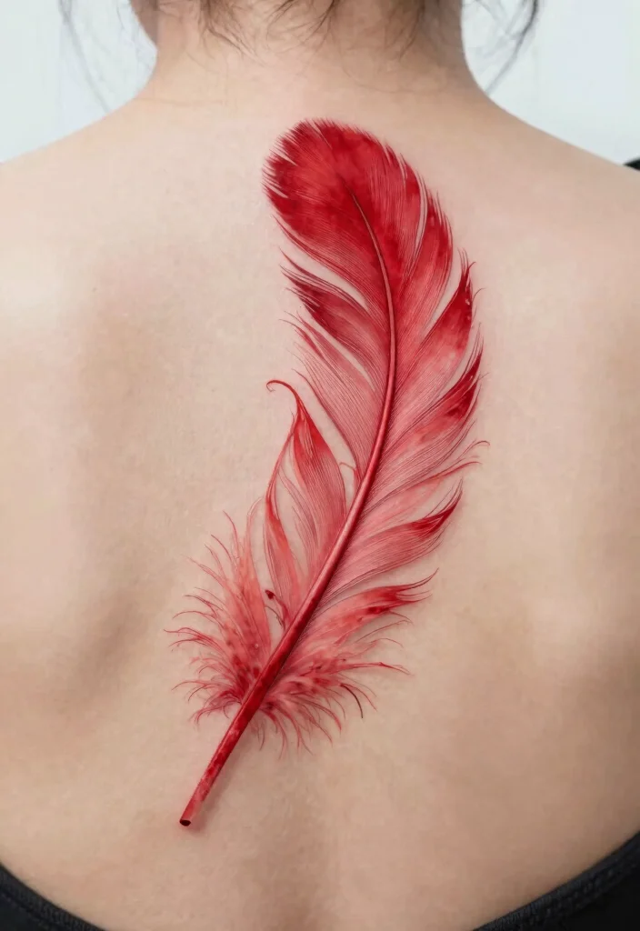 18 Red Spine Tattoo Ideas That Make a Dramatic Statement 66 18 Red Spine Tattoo Ideas That Make a Dramatic Statement - 16. Feather Designs 1