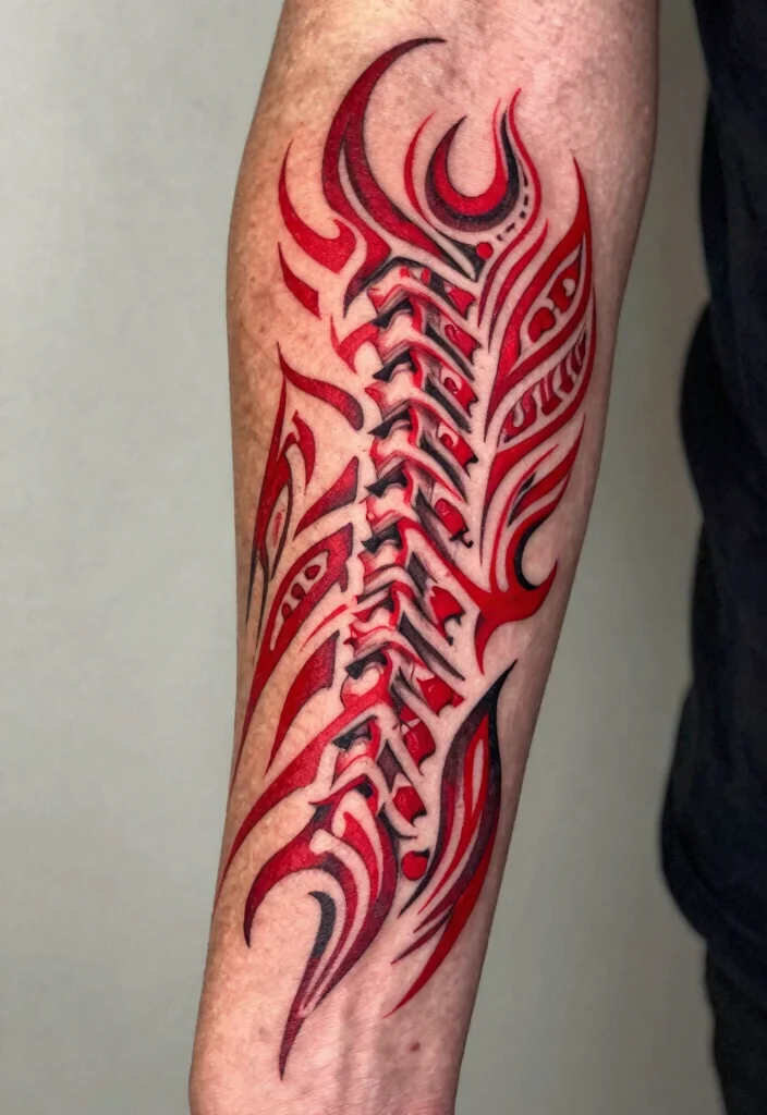 18 Red Spine Tattoo Ideas That Make a Dramatic Statement 39 18 Red Spine Tattoo Ideas That Make a Dramatic Statement - 9. Tribal Patterns 1