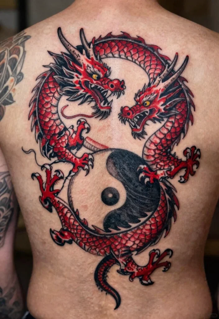 18 Red and Black Dragon Tattoo Ideas With Fierce Contrast - 11. Yin Yang Dragon Design 1