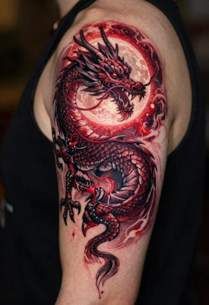 18 Red and Black Dragon Tattoo Ideas With Fierce Contrast - 12. Dragon and Moon 1