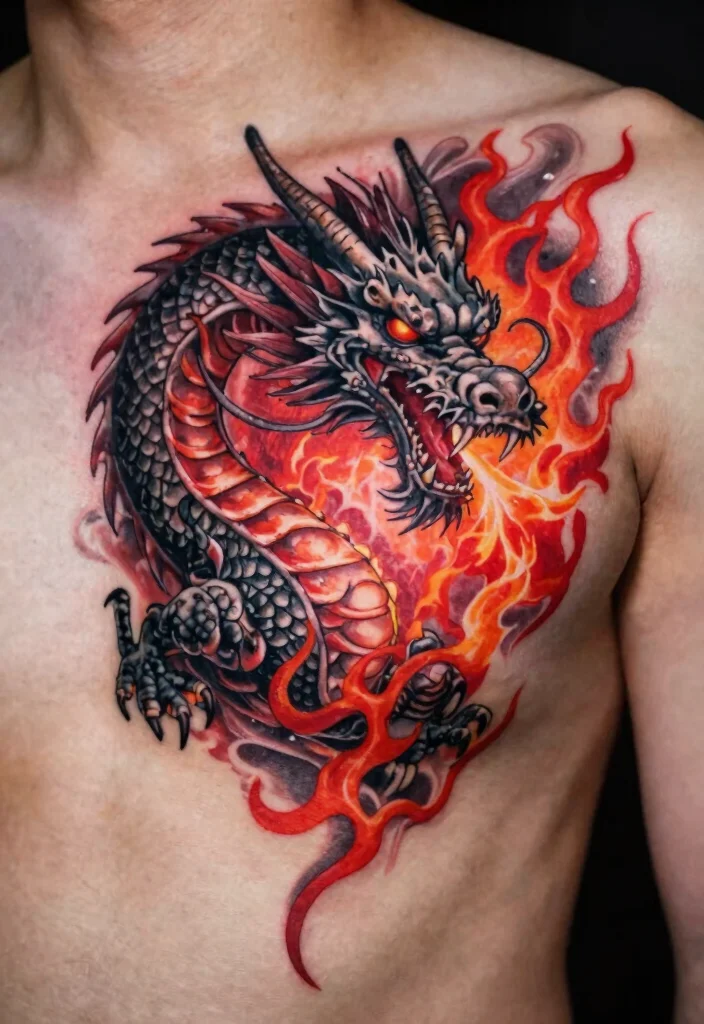 18 Red and Black Dragon Tattoo Ideas With Fierce Contrast - 13. Dragon with Flames 1